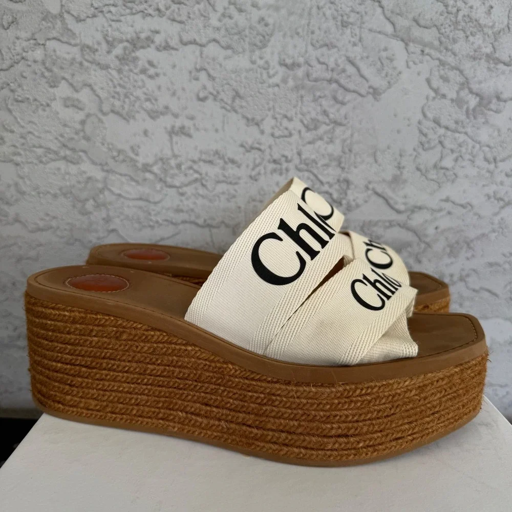 Chloe Woody Canvas Espadrilles Platform Sandals Size 41 EU‎ 10 US White x Brown